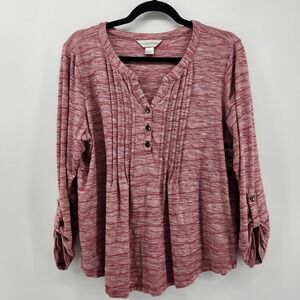 Christopher & Banks Womens Pullover Henley Blouse Pleated Burgundy Heather XL
